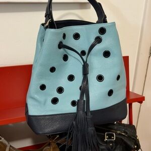 Sky Blue Dotted Leather Bucket Bag
